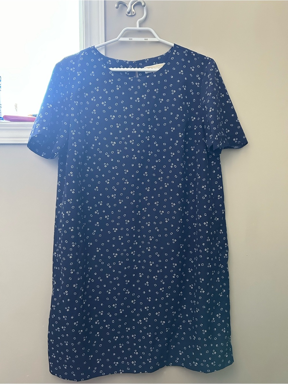 Navy Short Sleeve Shift Dress with White Floral design